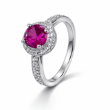 Silver-Tone Round Ruby-Coloured Stone Ring with Halo and Pavé Band