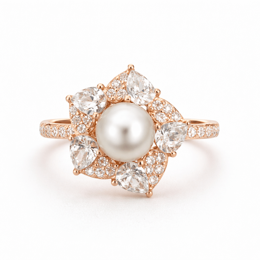 Rose Gold Tone Floral Pearl Ring with CZ Halo Statement Design