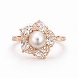 Rose Gold Tone Floral Pearl Ring with CZ Halo Statement Design