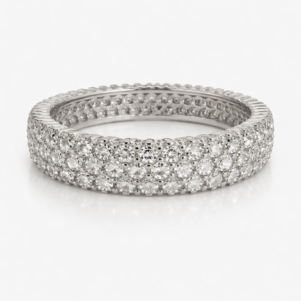 Silver-Tone Full Eternity CZ Band Ring with Multi-Row Pavé Setting