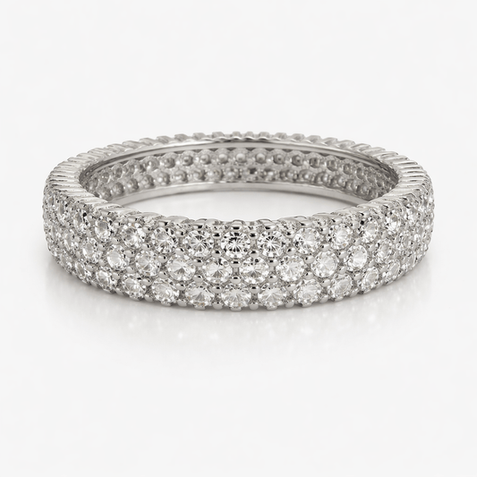 Silver-Tone Full Eternity CZ Band Ring with Multi-Row Pavé Setting
