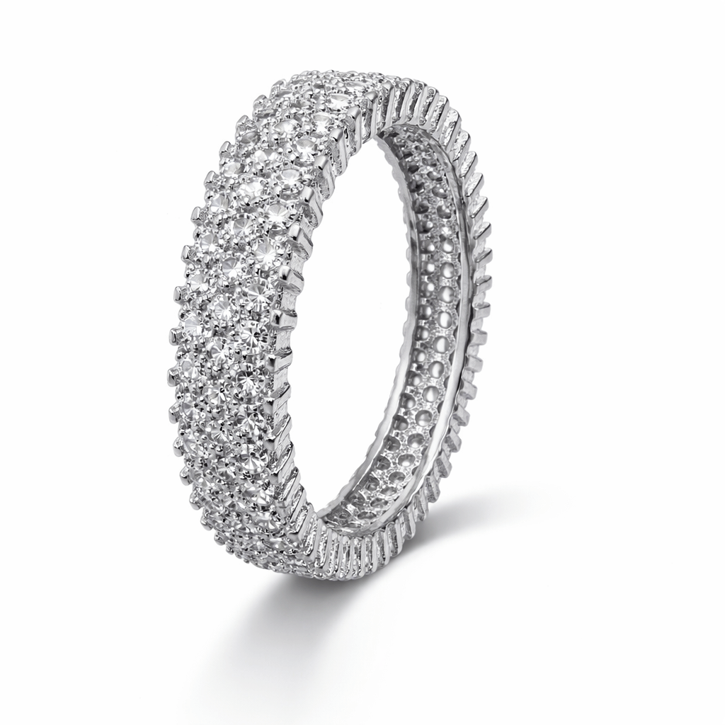 Silver-Tone Full Eternity CZ Band Ring with Multi-Row Pavé Setting