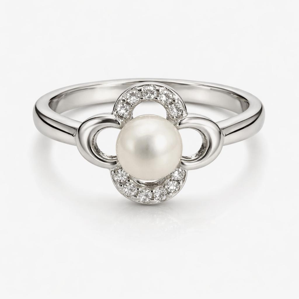 Silver-Tone Pearl Floral Ring with CZ Halo and Open Adjustable Design