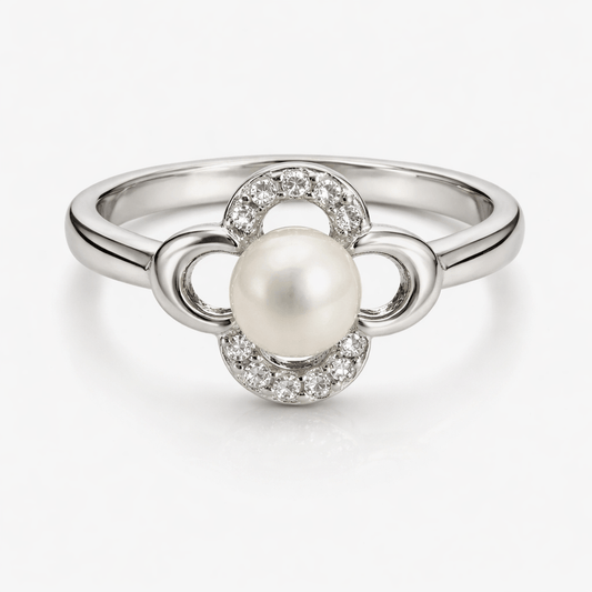 Silver-Tone Pearl Floral Ring with CZ Halo and Open Adjustable Design