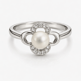 Silver-Tone Pearl Floral Ring with CZ Halo and Open Adjustable Design