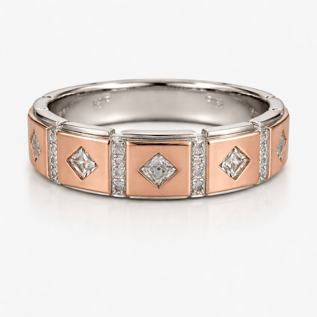 Two-Tone Rose Gold Silver Square CZ Band Ring with Geometric Design