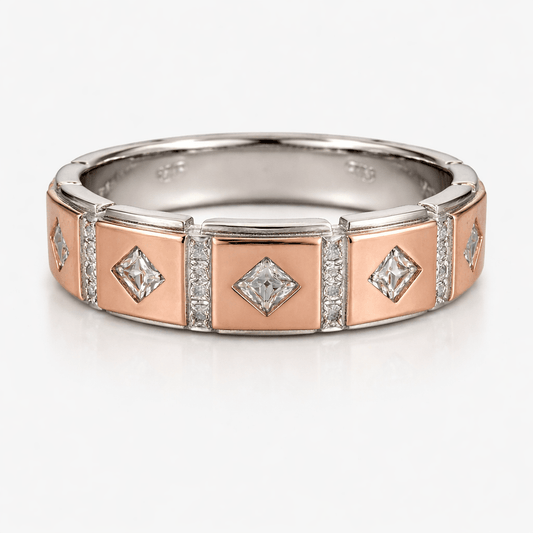 Two-Tone Rose Gold Silver Square CZ Band Ring with Geometric Design