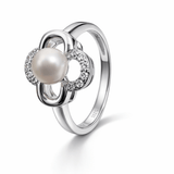 Silver-Tone Pearl Floral Ring with CZ Halo and Open Adjustable Design