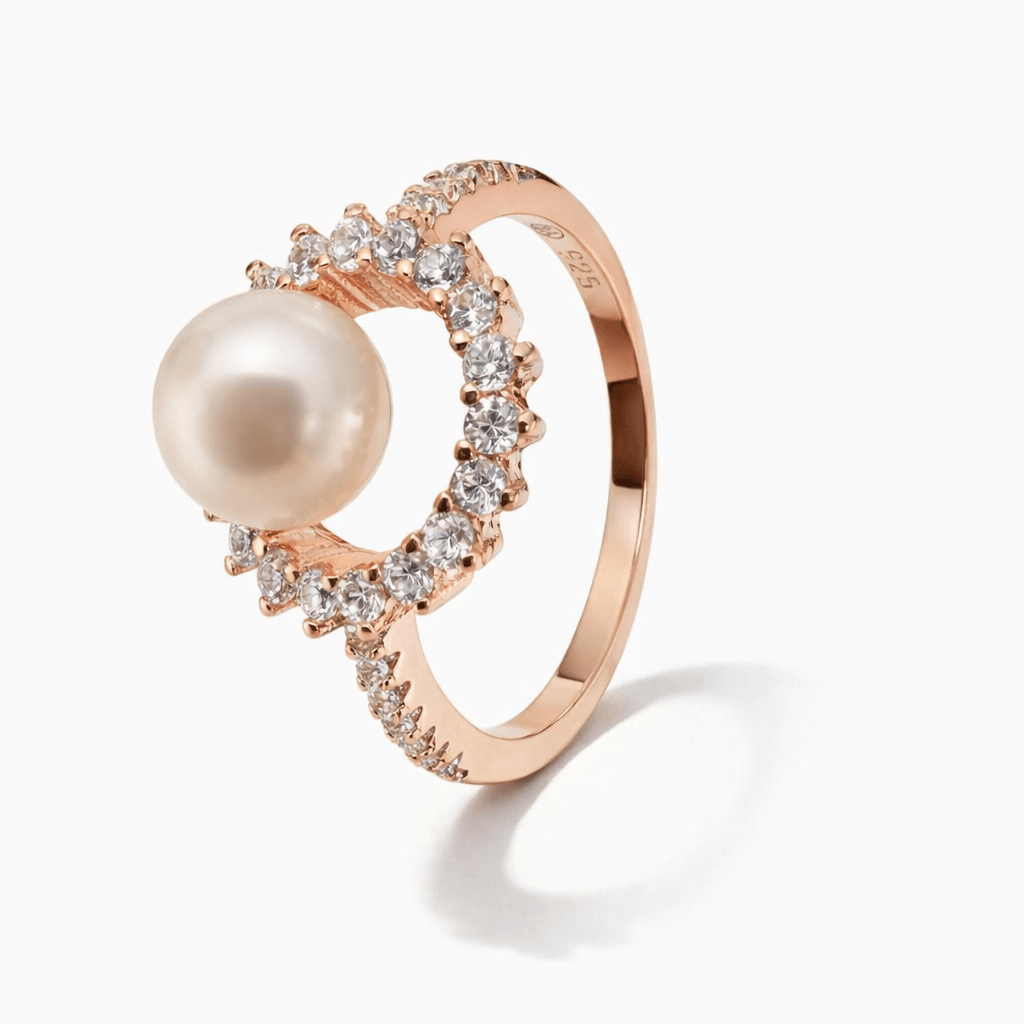 Rose Gold-Tone Pearl Halo Ring with CZ Accents and Pavé Band
