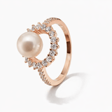 Rose Gold-Tone Pearl Halo Ring with CZ Accents and Pavé Band