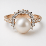 Rose Gold-Tone Pearl Halo Ring with CZ Accents and Pavé Band