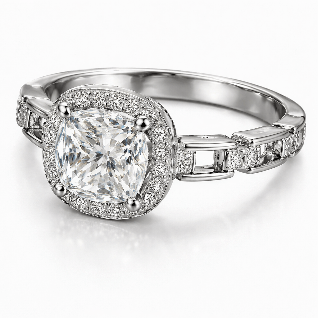 Silver-Tone Cushion Cut Solitaire Ring with Halo and Linked Pavé Band