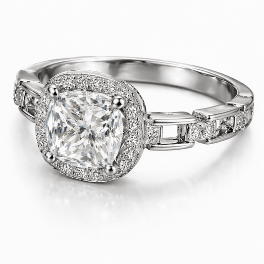 Silver-Tone Cushion Cut Solitaire Ring with Halo and Linked Pavé Band