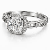 Silver-Tone Cushion Cut Solitaire Ring with Halo and Linked Pavé Band