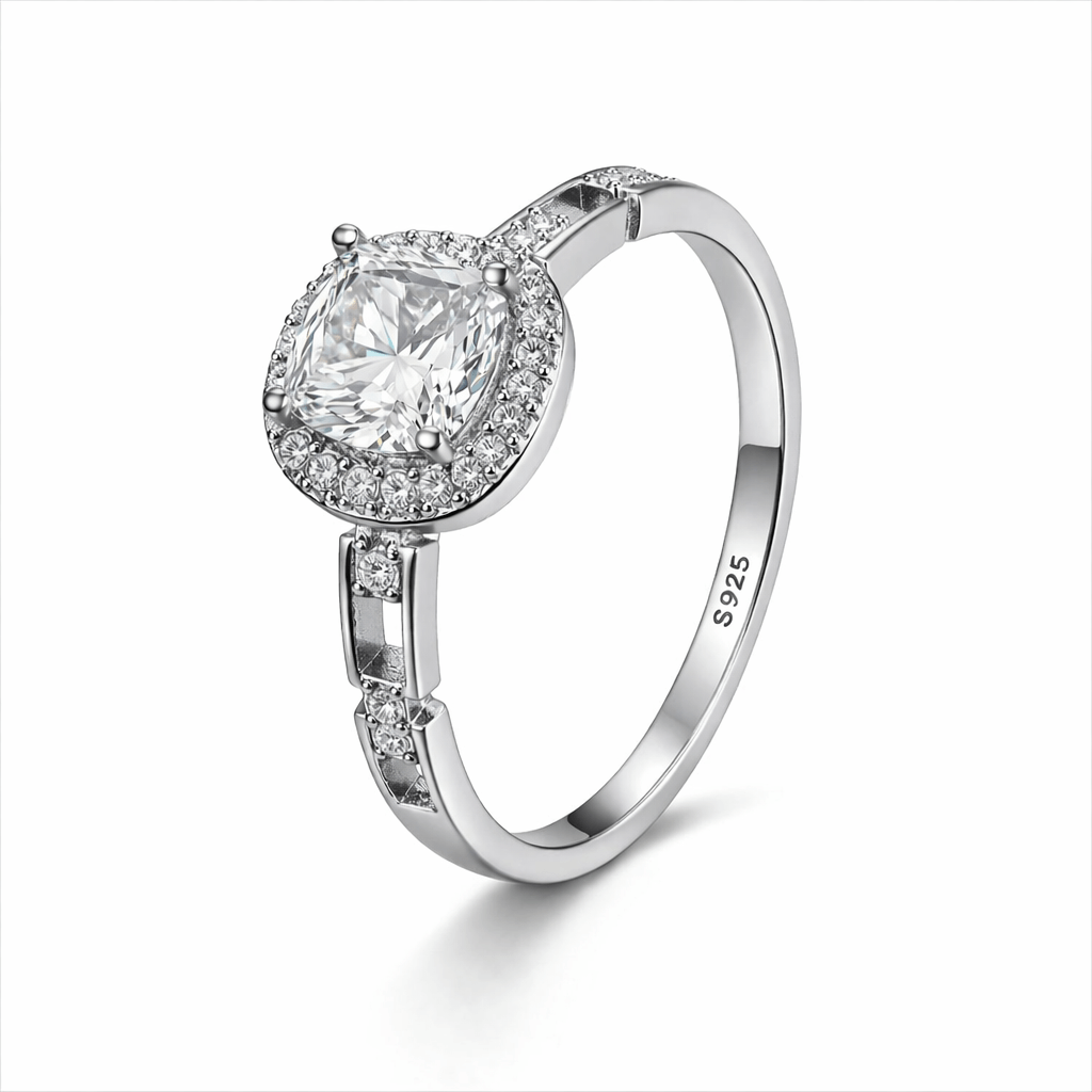 Silver-Tone Cushion Cut Solitaire Ring with Halo and Linked Pavé Band