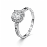 Silver-Tone Cushion Cut Solitaire Ring with Halo and Linked Pavé Band