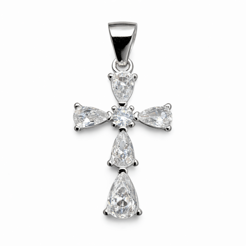 Cross Pendant Silver Tone Teardrop Crystal Elegant Sparkling Statement Jewellery