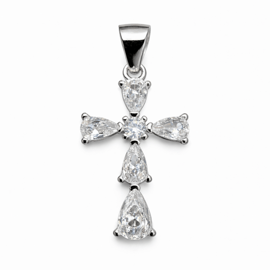 Cross Pendant Silver Tone Teardrop Crystal Elegant Sparkling Statement Jewellery