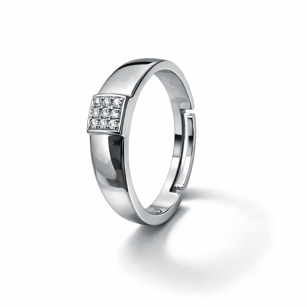Silver Tone Square Cluster CZ Ring with Minimal Bold Band Design