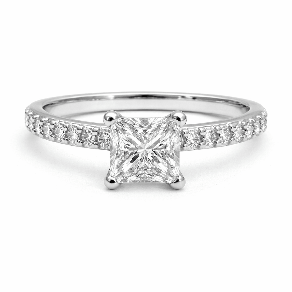 Silver Tone Princess Cut Solitaire Ring with CZ Studded Slim Band