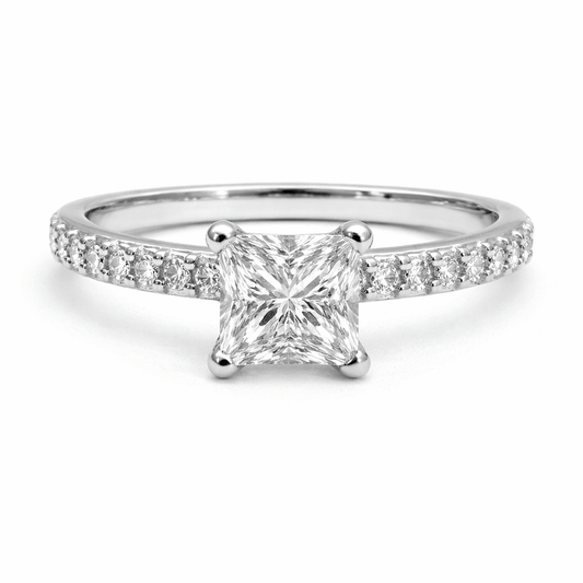 Silver Tone Princess Cut Solitaire Ring with CZ Studded Slim Band