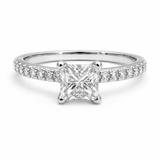 Silver Tone Princess Cut Solitaire Ring with CZ Studded Slim Band