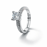 Silver Tone Princess Cut Solitaire Ring with CZ Studded Slim Band