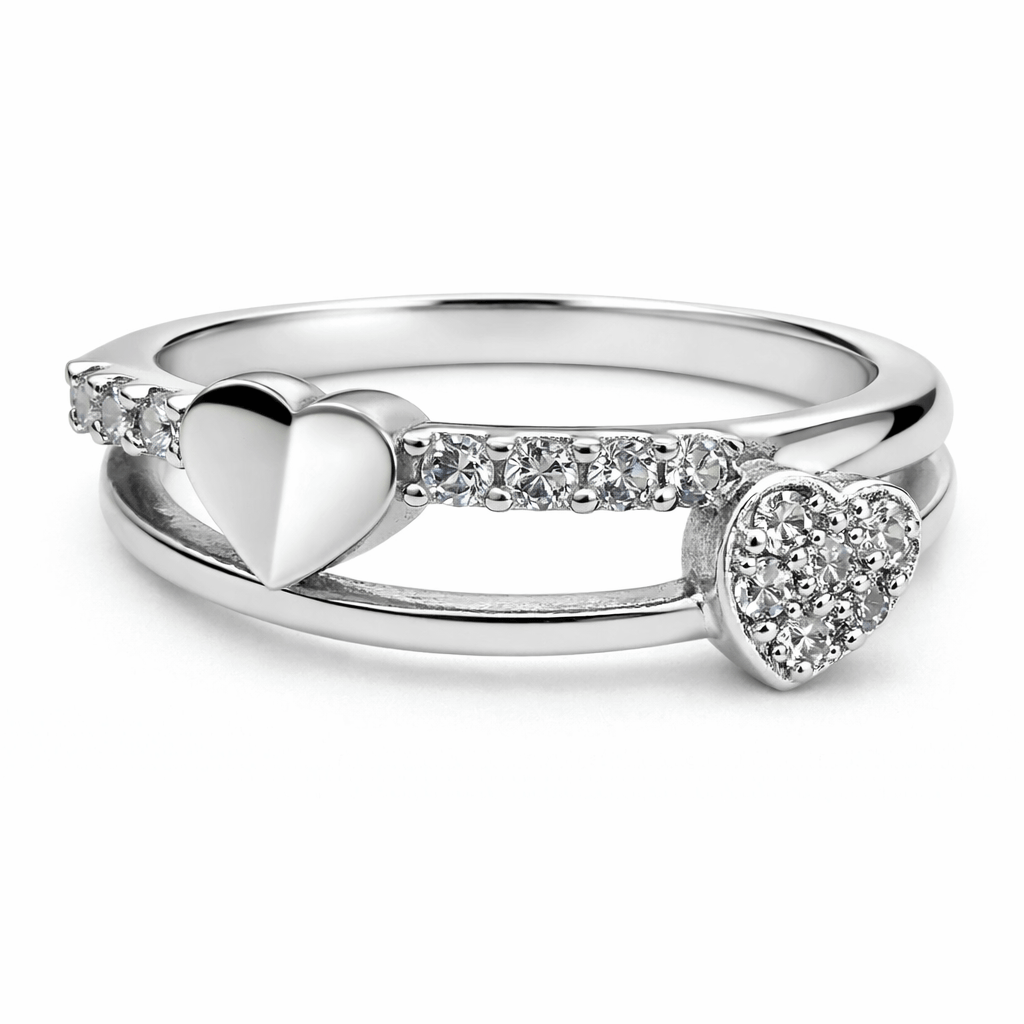 Silver Tone Double Heart Ring with CZ Studded Open Band Design