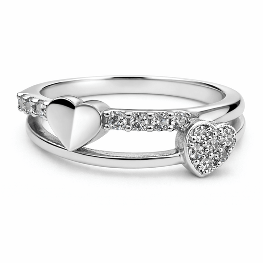Silver Tone Double Heart Ring with CZ Studded Open Band Design