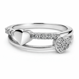 Silver Tone Double Heart Ring with CZ Studded Open Band Design