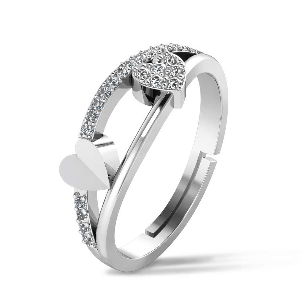 Silver Tone Double Heart Ring with CZ Studded Open Band Design