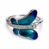 Silver Tone Butterfly Ring with Blue Enamel Wings and CZ Accents