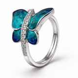 Silver Tone Butterfly Ring with Blue Enamel Wings and CZ Accents