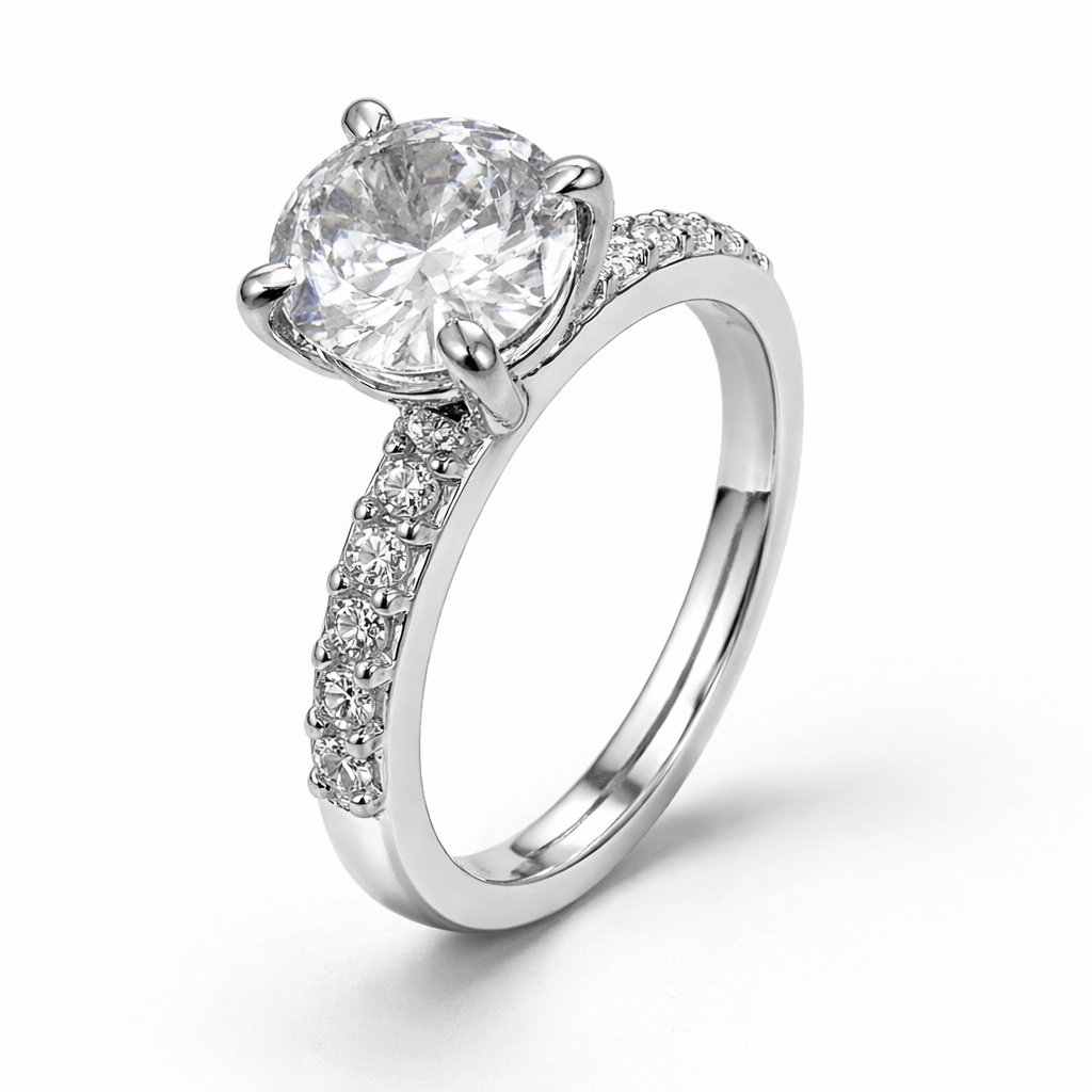 Silver Tone Classic Solitaire Ring with CZ Studded Slim Band