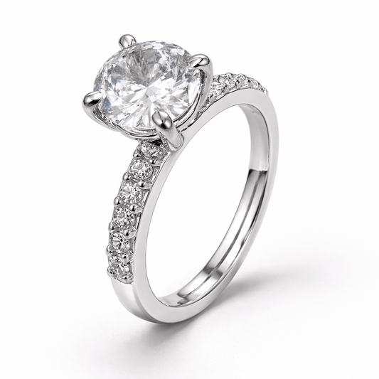Silver Tone Classic Solitaire Ring with CZ Studded Slim Band