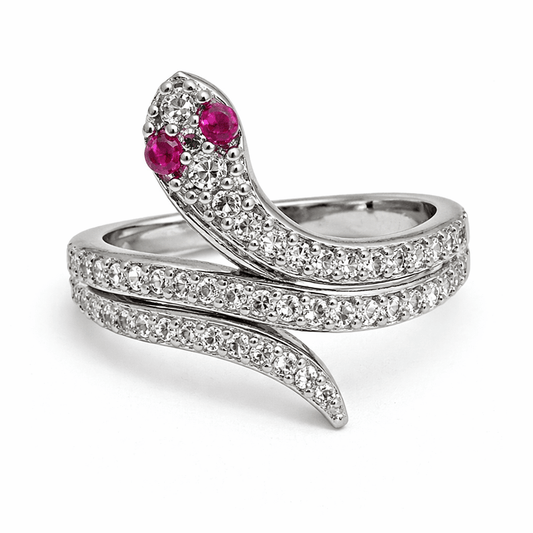 Silver Tone Snake Wrap Ring with CZ Studded Body and Red Stone Eyes