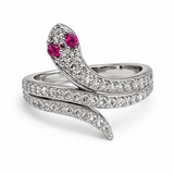 Silver Tone Snake Wrap Ring with CZ Studded Body and Red Stone Eyes