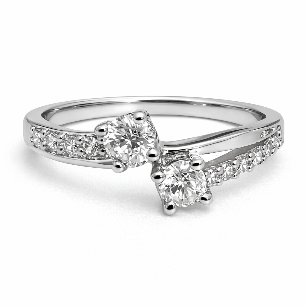 Silver Tone Dual Solitaire Ring with CZ Studded Twist Band Design