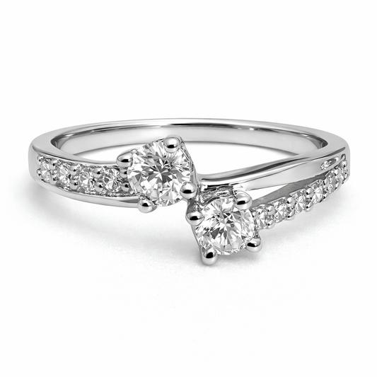 Silver Tone Dual Solitaire Ring with CZ Studded Twist Band Design