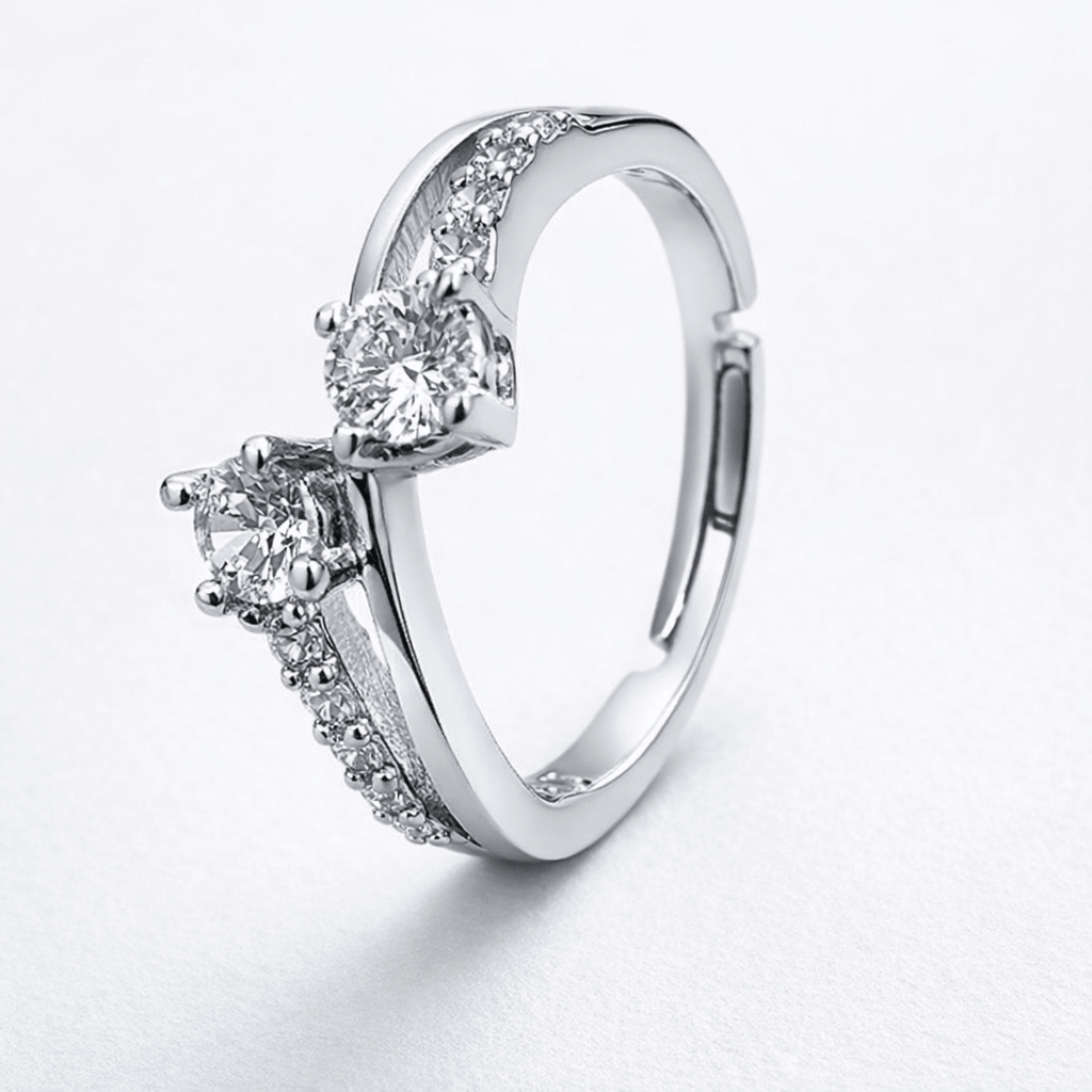 Silver Tone Dual Solitaire Ring with CZ Studded Twist Band Design