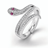 Silver Tone Snake Wrap Ring with CZ Studded Body and Red Stone Eyes