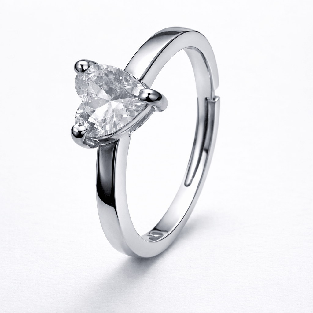 Silver Tone Heart Shape Solitaire Ring with Minimal Elegant Band
