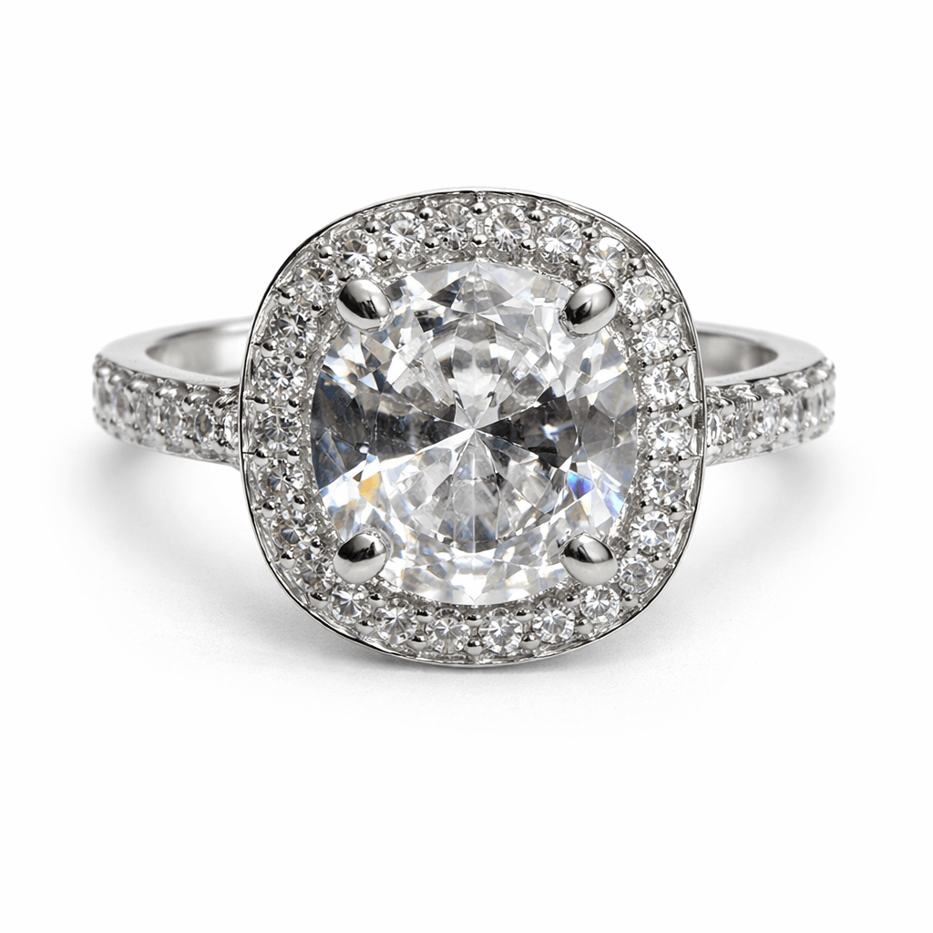 Silver Tone Halo Solitaire Ring with Round CZ and Pave Band
