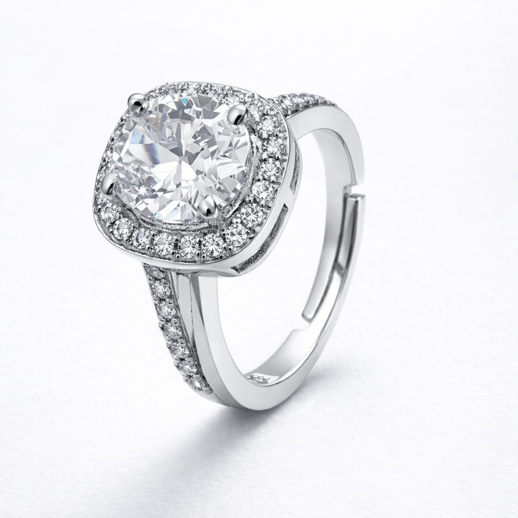 Silver Tone Halo Solitaire Ring with Round CZ and Pave Band