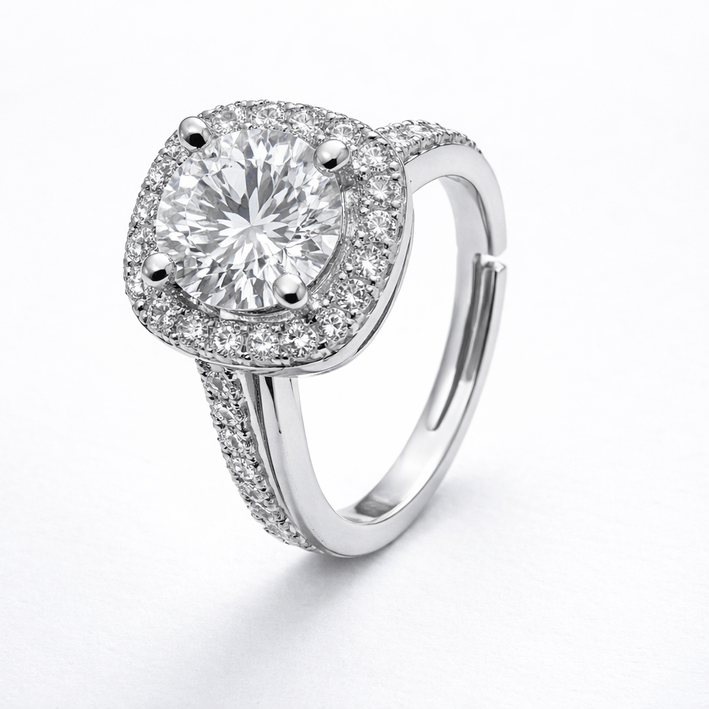 Silver Tone Cushion Halo Ring with Round CZ and Pave Band