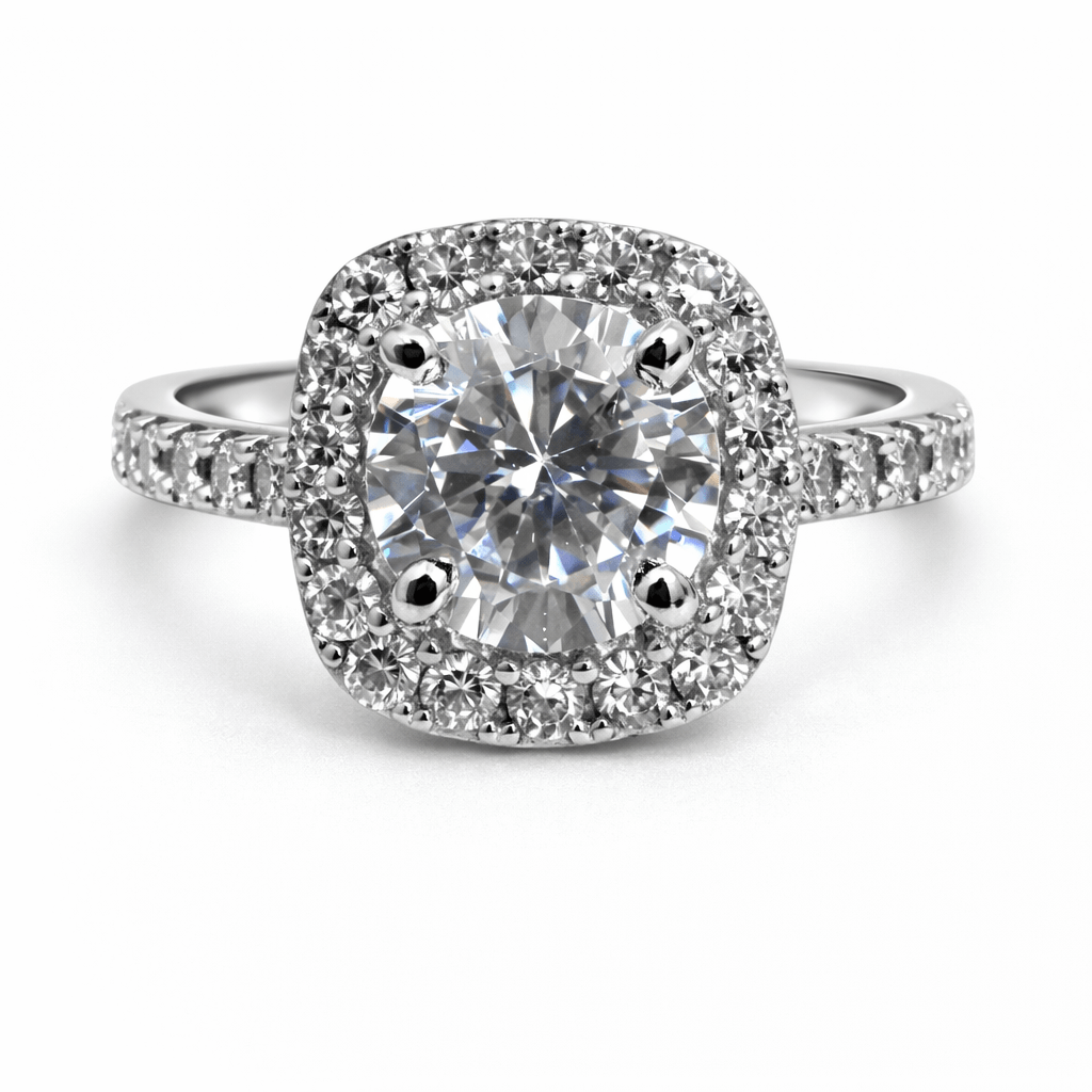 Silver Tone Cushion Halo Ring with Round CZ and Pave Band