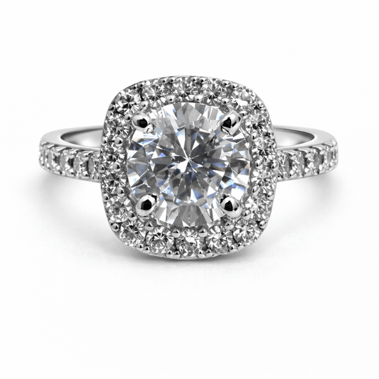 Silver Tone Cushion Halo Ring with Round CZ and Pave Band