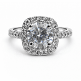 Silver Tone Cushion Halo Ring with Round CZ and Pave Band