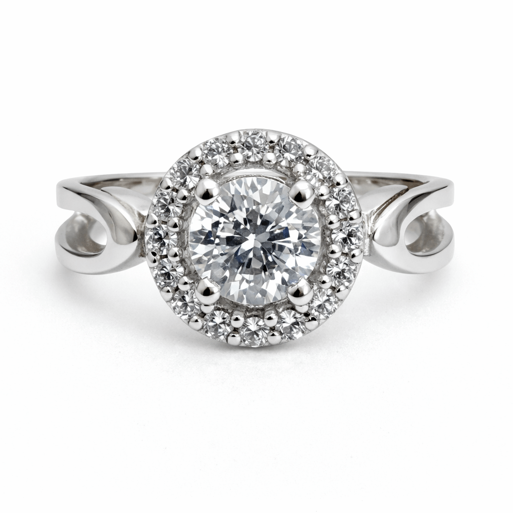 Silver Tone Round Halo Ring with CZ Center and Swirl Band Design