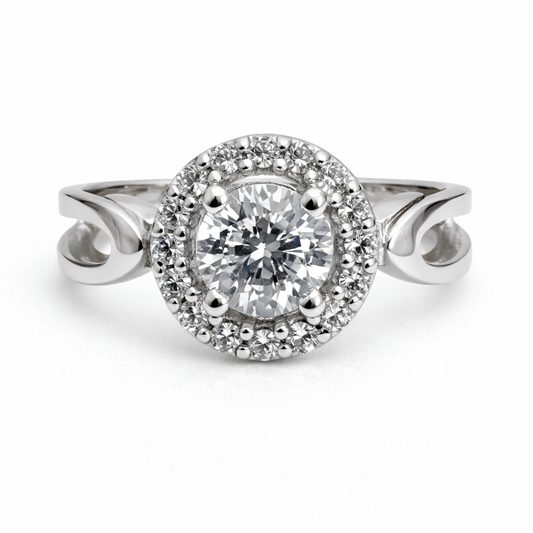 Silver Tone Round Halo Ring with CZ Center and Swirl Band Design